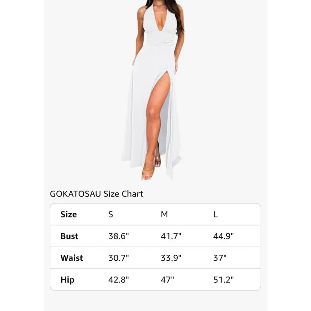 #281 MSRP $50 NWOT GOKATOSAU WHITE HALTER PLUNGING NECK HIGH SLIT MAXI ♡SIZE L♡